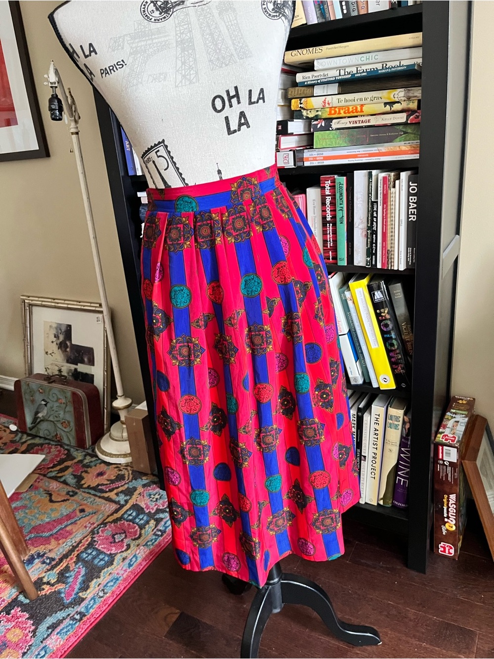 Vintage Jewel Toned Skirt, Bright Reds & Blue Printed A-Line Midi Skirt